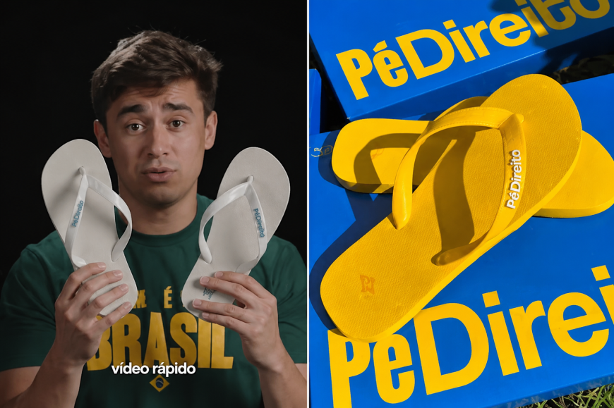 Nikolas Ferreira aproveita a polêmica e lança marca de chinelos idêntica às Havaianas, “Pé Direito”.